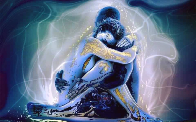 Energy exchange between man and women representing the male and female energy helping each other through balance 