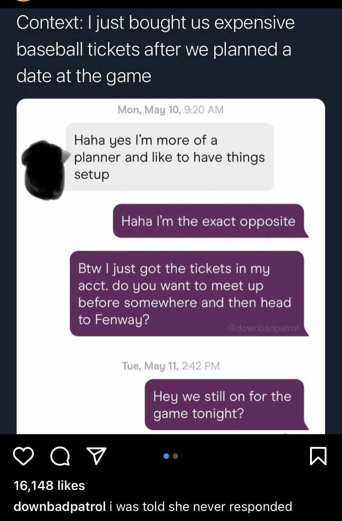 hinge screenshot of a man buying basketball tickets for a date and gets left on read