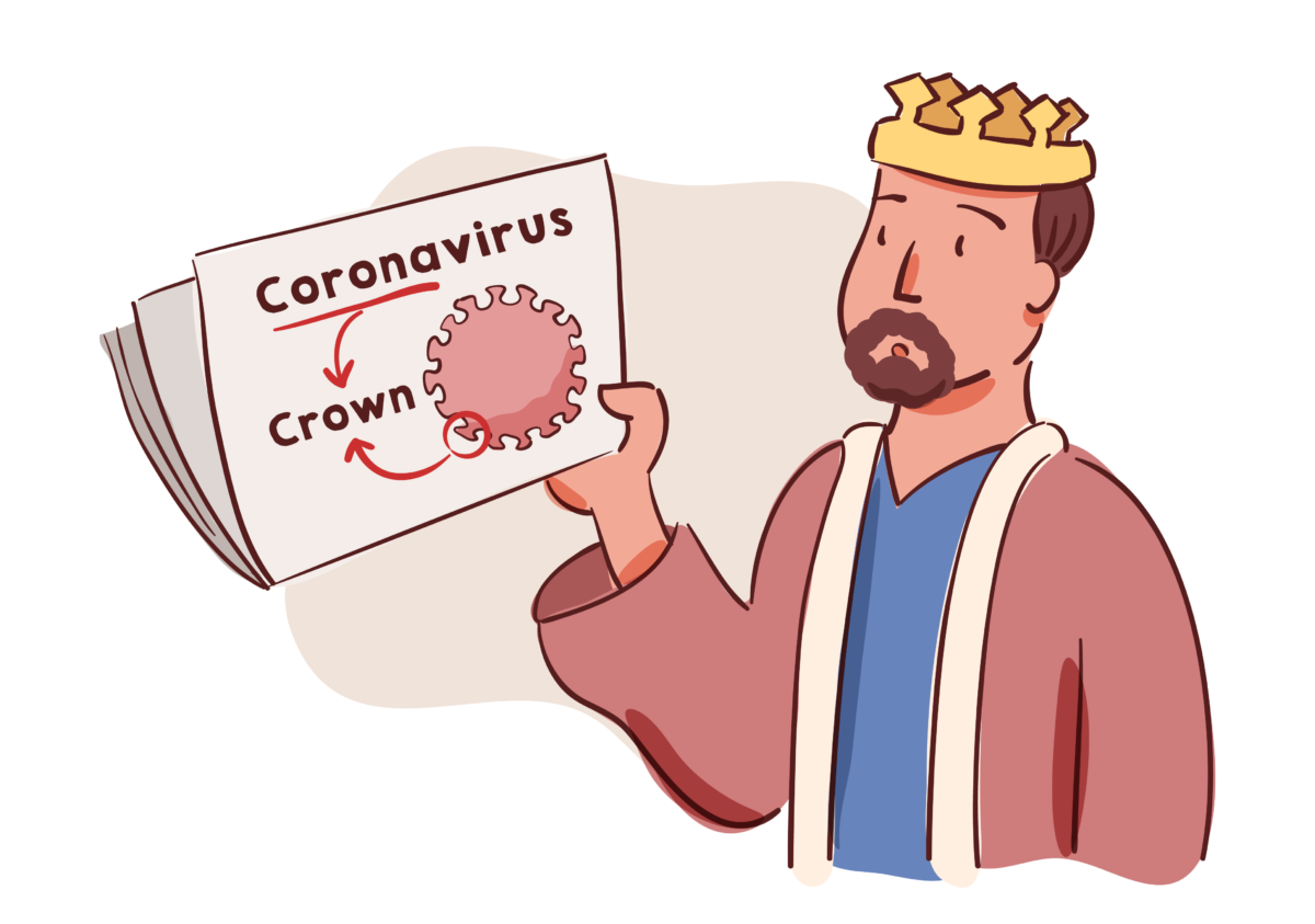 King holding coronavirus poster as he has a crown like the covid-19 causing infection corona
