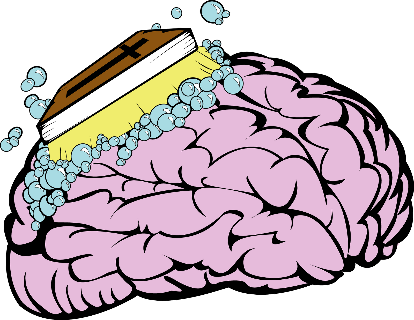 Graphic cartoon of brainwashing: a brain is being washed by a sponge