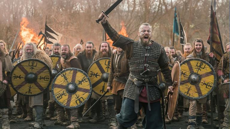 Vikings shout aggressively and fiercely before they go to war with soldiers
