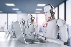 Robots with headphones on computers