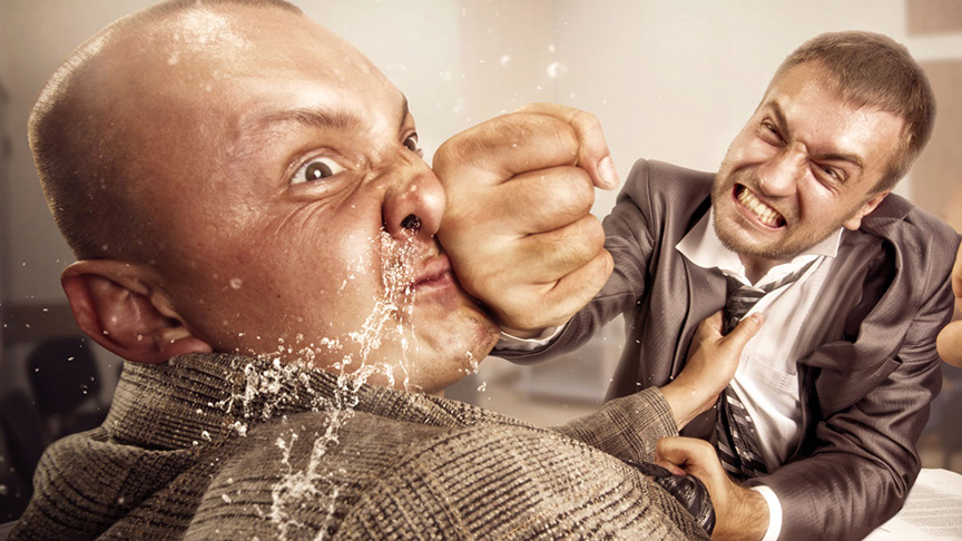 Angry men fighting as man displays toxic masculinity traits of aggression