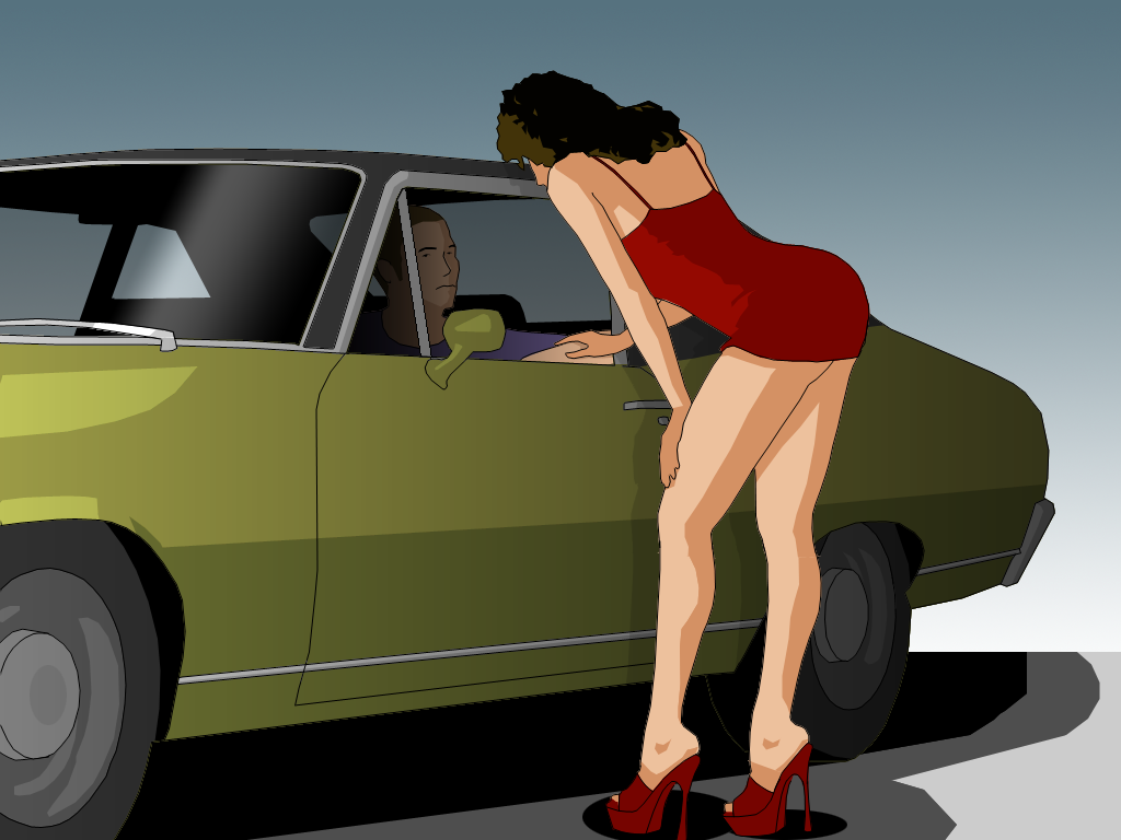 Cartoon meme of prostitute woman leaning into car of man trick customer