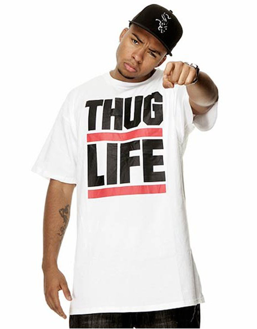 Black man wearing thug life T-Shirt as rapper in hip hop
